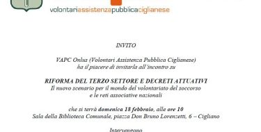 18/02 Cigliano. Luigi BOBBA al Convegno “Riforma del Terzo settore e decreti attuativi. Il nuovo scenario per il mondo del volontariato del soccorso e le reti associative nazionali”